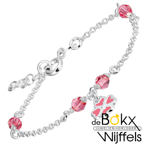 bedelarmband met roze bloem en zilveren jaseron schakel 15cm - 55603 bedelarmband met roze bloem en zilveren jaseron schakel 15cm - 55603