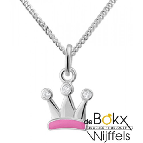 ketting met hanger kroontje roze en 3 zirkonia steentjes - 53707 ketting met hanger kroontje roze en 3 zirkonia steentjes - 53707