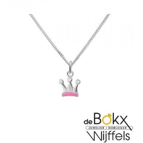 ketting met hanger kroontje roze en 3 zirkonia steentjes - 53707 ketting met hanger kroontje roze en 3 zirkonia steentjes - 53707