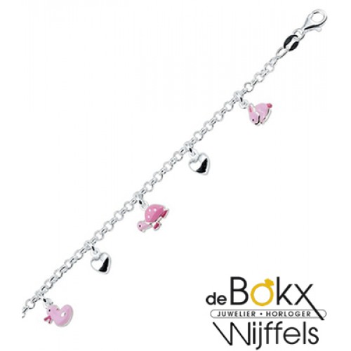 Bedelarmband in zilver met hartjes en roze bedels voor kinderen - 55267 Bedelarmband in zilver met hartjes en roze bedels voor kinderen - 55267