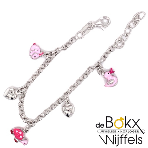Bedelarmband in zilver met hartjes en roze bedels voor kinderen - 55267 Bedelarmband in zilver met hartjes en roze bedels voor kinderen - 55267