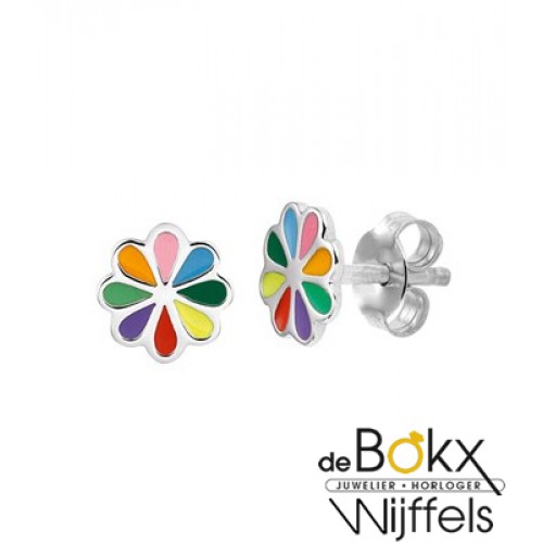 Bloem oorknoppen uitgevoerd in zilver met verschillende kleuren emaille - 55173 Bloem oorknoppen uitgevoerd in zilver met verschillende kleuren emaille - 55173