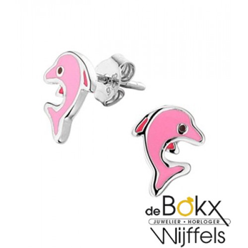 Dolfijn oorknoppen zilver met roze emaille - 55685 Dolfijn oorknoppen zilver met roze emaille - 55685