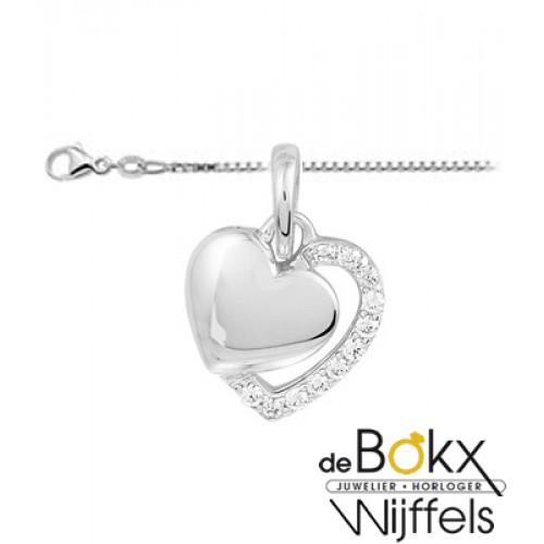 2 hartjes hanger met zirkonia aan ketting in zilver - 56674 2 hartjes hanger met zirkonia aan ketting in zilver - 56674