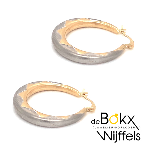 Bewerkte grote Oorringen in wit en geel goud 22mm - 52323 Bewerkte grote Oorringen in wit en geel goud 22mm - 52323
