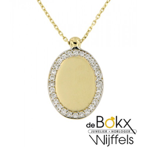 Gouden ashanger met ketting ovaal met zirkonia rij en graveerplaatje - 55003 Gouden ashanger met ketting ovaal met zirkonia rij en graveerplaatje - 55003