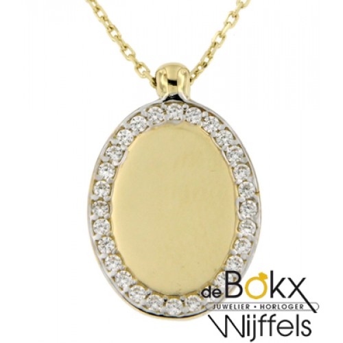 Gouden ashanger met ketting ovaal met zirkonia rij en graveerplaatje - 55003 Gouden ashanger met ketting ovaal met zirkonia rij en graveerplaatje - 55003