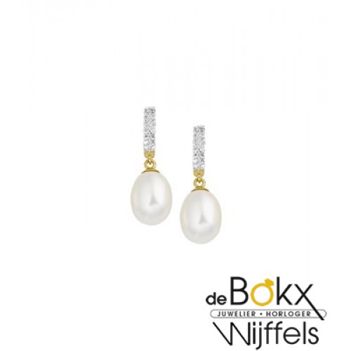 Geelgoud oorknoppen met parel hangers en zirkonia - 56129 Geelgoud oorknoppen met parel hangers en zirkonia - 56129