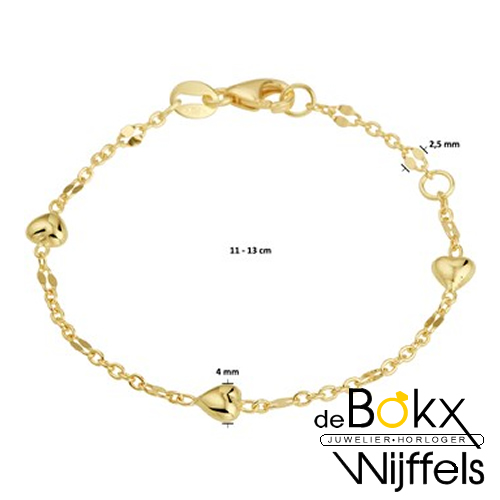 Gouden bedel armband met hartjes 11 - 13cm - 57119
