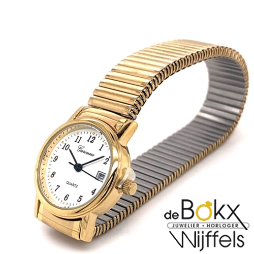 Horloge - Een klassiek goudkleurig duidelijk dames horloge met een kleine  witte wijzerplaat met zwarte cijfers. Het horloge heeft een elastische  metalen band, die makkelijk aan en uit te doen is en
