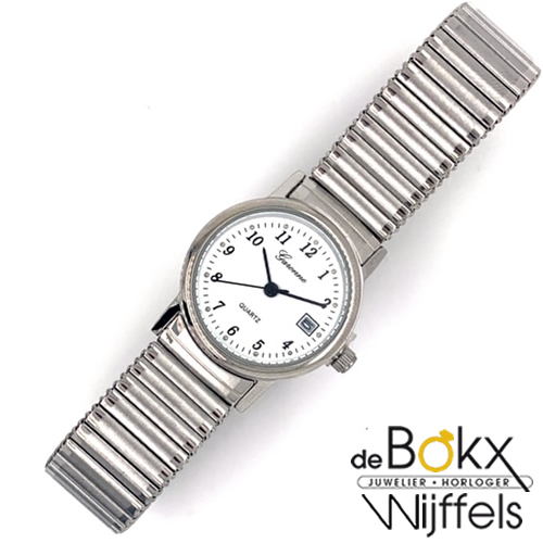 Horloge - Een klassiek duidelijk dames horloge met een kleine witte  wijzerplaat met zwarte cijfers. Het horloge heeft een elastische metalen  band, die makkelijk aan en uit te doen is en ideaal