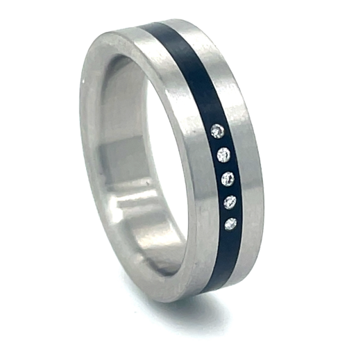 Stalen ring met 5 diamanten in maat 54 vlakkering - 50846 Stalen ring met 5 diamanten in maat 54 vlakkering - 50846