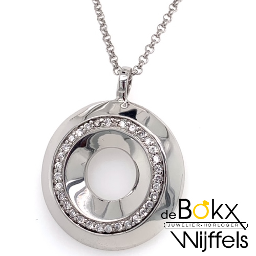 Cirkel vormge zilveren hanger met ketting en zirkonia steentjes - 50887