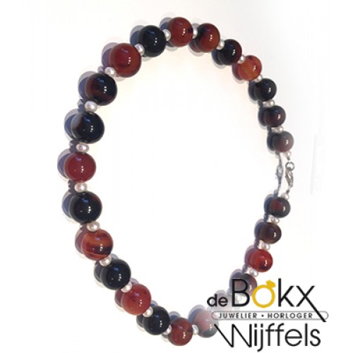 Agaat kralen ketting met zoetwaterparel - 51359