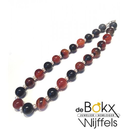 Agaat kralen ketting met zoetwaterparel - 51359 Agaat kralen ketting met zoetwaterparel - 51359