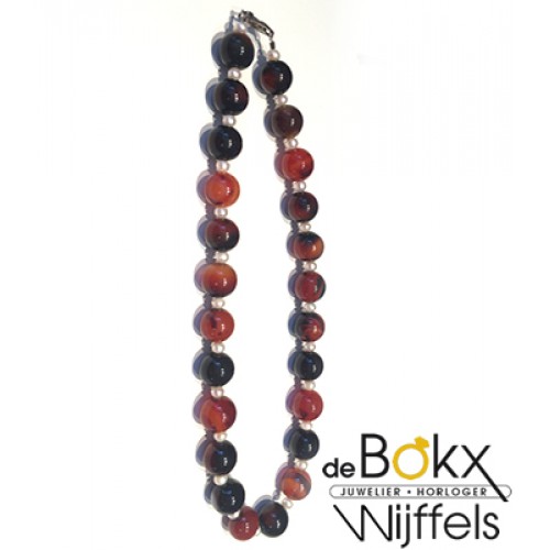 Agaat kralen ketting met zoetwaterparel - 51359 Agaat kralen ketting met zoetwaterparel - 51359