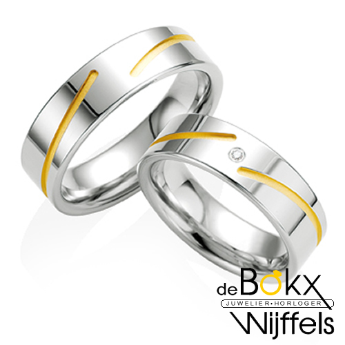Breuning trouwring met geel goud lijntje en diamant - 51426
