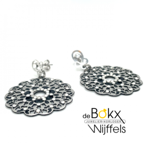 oorhangers staal met cirkels kristal steentjes en zwarte accenten - 52386 oorhangers staal met cirkels kristal steentjes en zwarte accenten - 52386