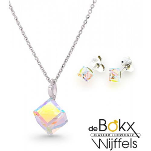 Cube spark ketting met zilveren hanger en kristallen - 54148 Cube spark ketting met zilveren hanger en kristallen - 54148