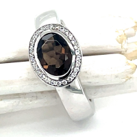 ring zilver met zirkonia steentjes en rookkwarts maat 52 - 53246