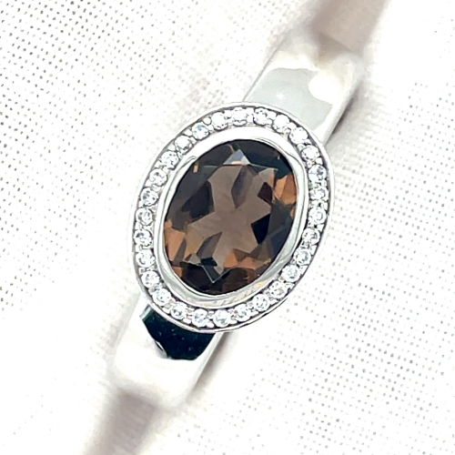 ring zilver met zirkonia steentjes en rookkwarts maat 52 - 53246