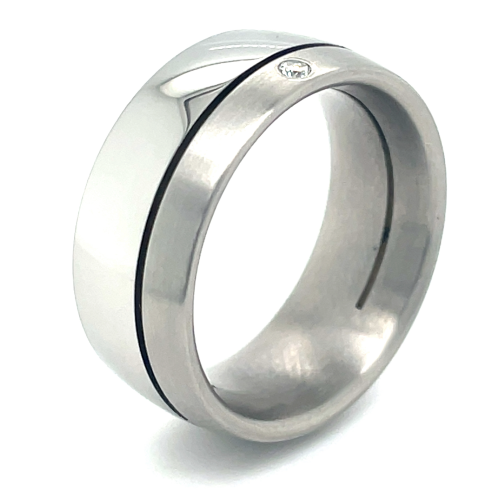 Stalen ring met 1 diamant in maat 56 - 53324