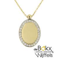 Gouden ashanger met ketting ovaal met zirkonia rij en graveerplaatje - 55003 Gouden ashanger met ketting ovaal met zirkonia rij en graveerplaatje - 55003