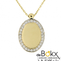 Gouden ashanger met ketting ovaal met zirkonia rij en graveerplaatje - 55003 Gouden ashanger met ketting ovaal met zirkonia rij en graveerplaatje - 55003