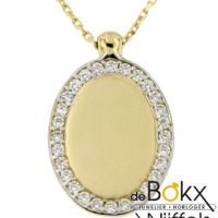 Gouden ashanger met ketting ovaal met zirkonia rij en graveerplaatje - 55003 Gouden ashanger met ketting ovaal met zirkonia rij en graveerplaatje - 55003