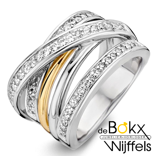 Brede ring van excellent in zilver met geelgoud en zirkonia maat 58 - 55138