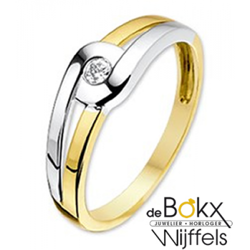 geel en wit gouden damesring met zirkonia in maat 58 - 55128 geel en wit gouden damesring met zirkonia in maat 58 - 55128