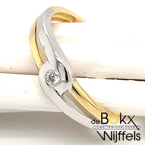 geel en wit gouden damesring met zirkonia in maat 58 - 55128 geel en wit gouden damesring met zirkonia in maat 58 - 55128