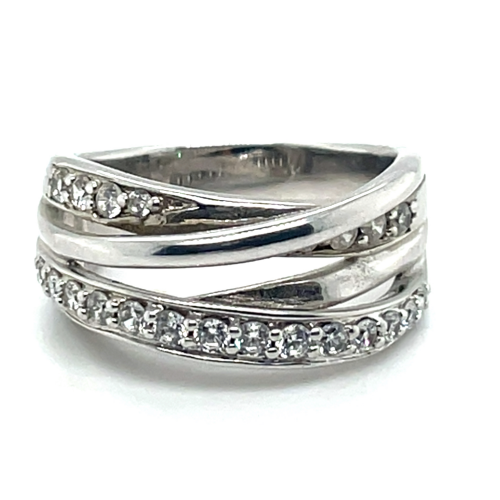 brede zilveren ring met veel sirkonia steentjes maat 56 - 55333