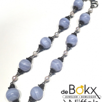 Blauwe Calcedon kralenketting met parel - 57169 Blauwe Calcedon kralenketting met parel - 57169