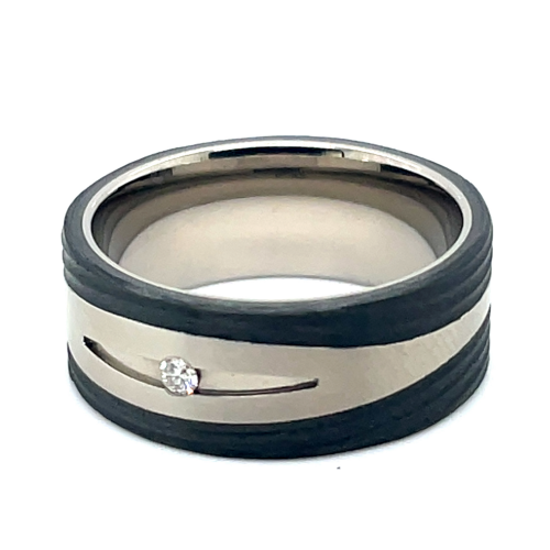 Breede Titanium ring met zwarte carbon en diamant 56 - 56207 Breede Titanium ring met zwarte carbon en diamant 56 - 56207