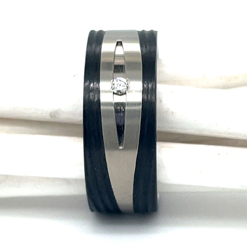 Breede Titanium ring met zwarte carbon en diamant 56 - 56207 Breede Titanium ring met zwarte carbon en diamant 56 - 56207