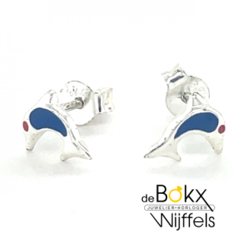 Zilver oorknoppen dolfijn met blauwe emaillen - 55569 Zilver oorknoppen dolfijn met blauwe emaillen - 55569