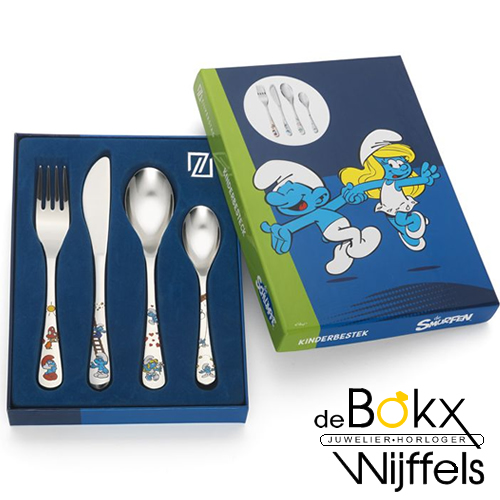Smurfen kinderbestek met kleur 4 delig - 55996 Smurfen kinderbestek met kleur 4 delig - 55996