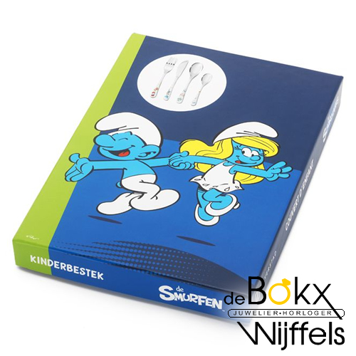 Smurfen kinderbestek met kleur 4 delig - 55996 Smurfen kinderbestek met kleur 4 delig - 55996