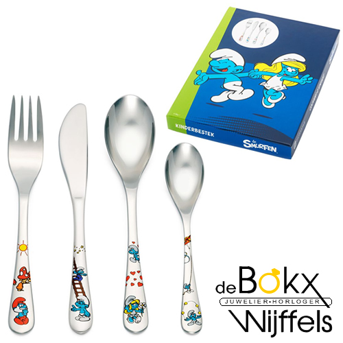 Smurfen kinderbestek met kleur 4 delig - 55996 Smurfen kinderbestek met kleur 4 delig - 55996