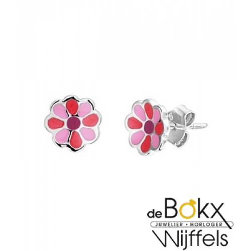 Zilveren oorknopjes bloem met roze, rood en paarse emaille - 55921 Zilveren oorknopjes bloem met roze, rood en paarse emaille - 55921
