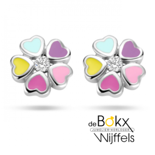 Zilveren oorknopjes met bloem met hartjes en gekleurde emaille 6.5mm - 58640 Zilveren oorknopjes met bloem met hartjes en gekleurde emaille 6.5mm - 58640