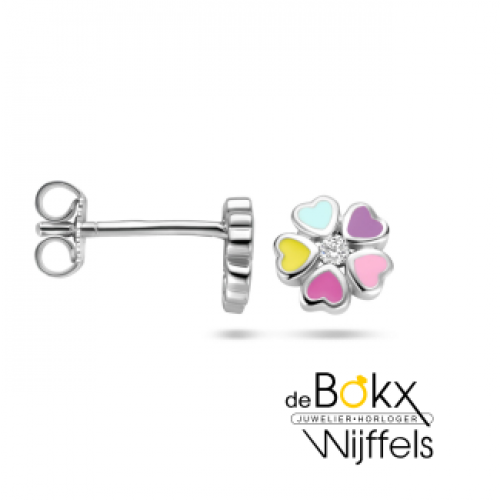 Zilveren oorknopjes met bloem met hartjes en gekleurde emaille 6.5mm - 58640 Zilveren oorknopjes met bloem met hartjes en gekleurde emaille 6.5mm - 58640