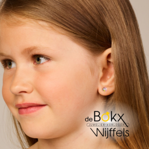 Zilveren oorknopjes met bloem met hartjes en gekleurde emaille 6.5mm - 58640 Zilveren oorknopjes met bloem met hartjes en gekleurde emaille 6.5mm - 58640