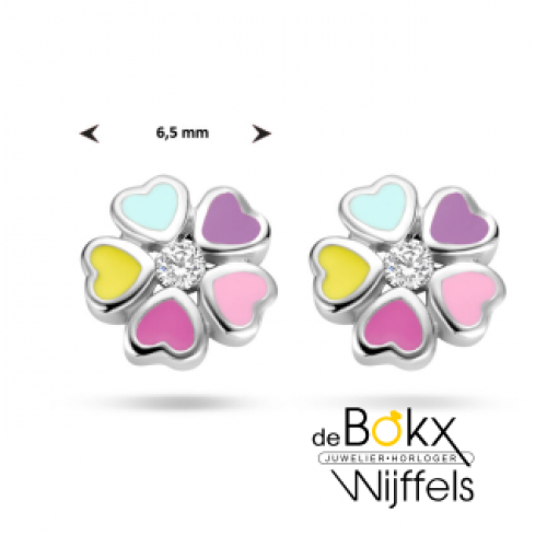 Zilveren oorknopjes met bloem met hartjes en gekleurde emaille 6.5mm - 58640 Zilveren oorknopjes met bloem met hartjes en gekleurde emaille 6.5mm - 58640