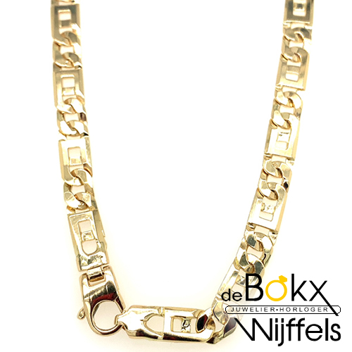 Tegenstander Exclusief Buurt Collier - 14 karaat geelgouden collier met een fantasie schakel. Het collier  heeft een stevige karabijn sluiting, de ketting is 60cm lang en 5.5mm  breed. Afmetingen: 60cm x5.5mm