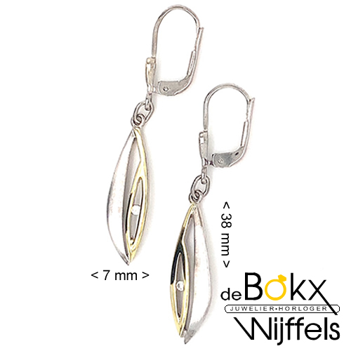 lange speelse oorhangers zilver met geelgoud en zirkonia - 58586