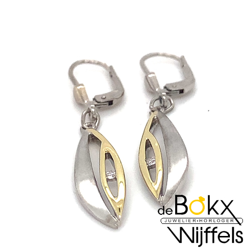 lange speelse oorhangers zilver met geelgoud en zirkonia - 58586