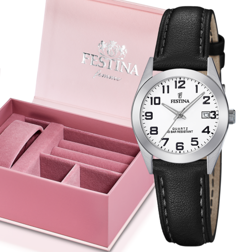 duidelijk Festina dames staal en leder horloge F20447-1 - 600126