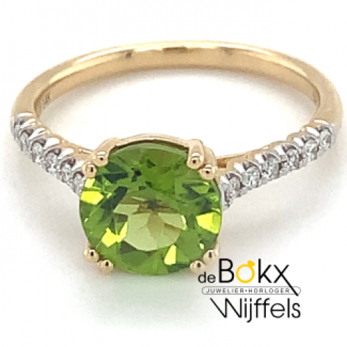 gouden ring met diamant en groene piridoot maat 54 - 600414